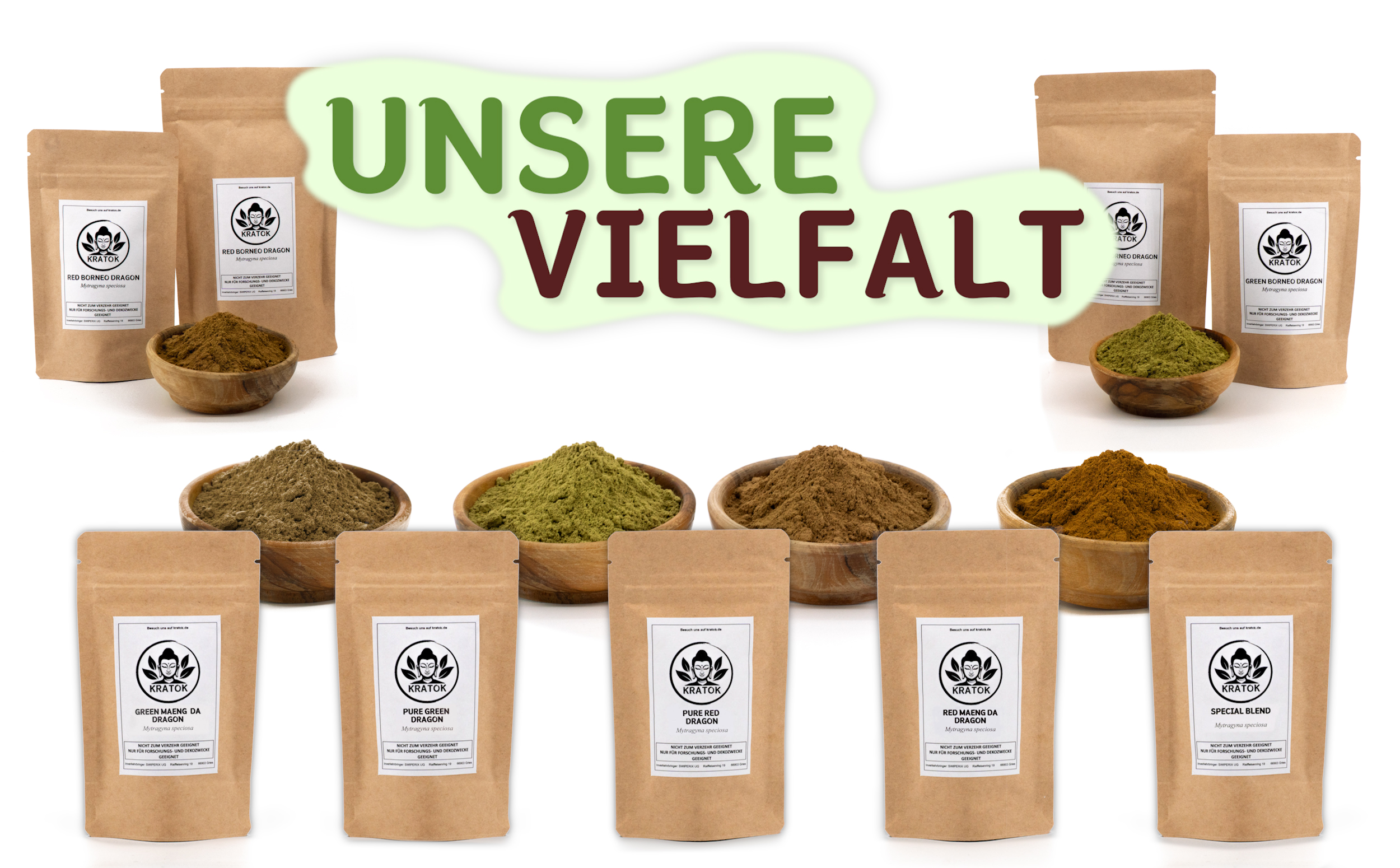 Bild auf dem alle Sorten unserer Produkte zu sehen sind in Pulverform und verpackt